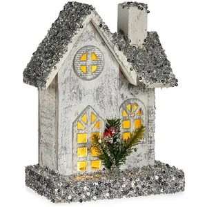 Comparateur de prix : Krist+ Figurine Décorative Maison Noël Lumière led Paillettes Blanc Gris Bois 19,5 x 25 x 9 cm