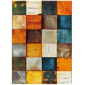 Atticgo Tapis géométrique à poils courts et carreaux multicolores, 140x200 cm pas cher