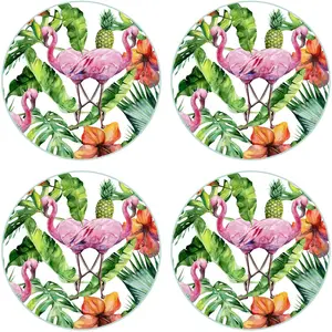 Floorart - 4 Sets de table ronds flamants tropicaux 3 multicolores - D.40 cm T.U pas cher