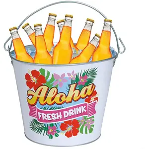 FIESTAS GUIRCA | Seau Métallique Aloha Réutilisable (19x23 cm) - Décoration de Table pour Fêtes d'Été et de Graduation - Idéal pour Thématiques Hawaïennes et Célébrations - Blanc