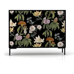 RNT by Really Nice Things Buffet bas 2portes 4 tiroirs MDF imprimé floral sur fond noir