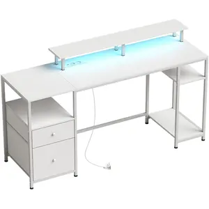 HOMCOM Bureau avec lumières LED, tiroirs, prises, ports USB et support pour moniteur 155,5x48x88,5 cm Blanc pas cher