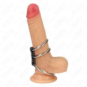 Comparateur de prix : Anneau Pénis Triple Métal Connecté au Cuir 3,7-5 cm KINK