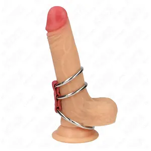 Comparateur de prix : KINK Anneau pénis triple métal connecté avec cuir rouge pour une stimu...