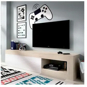 Meuble TV Lebo Naturel - Blanc Brillant 204 x 48 x 42 cm pas cher