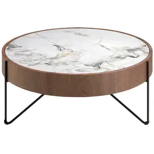 Angel Cerdá Table Basse Ronde En Marbre Porcelaine Noyer Et Acier Noir