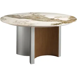 ANGEL CERDA Table de salle à manger ronde en marbre porcelaine, noyer et bois argenté