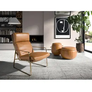 Comparateur de prix : ANGEL CERDA Fauteuil en cuir camel moderne avec accoudoirs et pieds dorés en acier inoxydable
