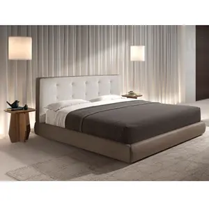 Comparateur de prix : ANGEL CERDA Lit double moderne en tissu marron et éco-cuir avec tête de lit en blanc cassé