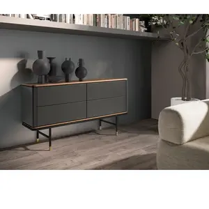 Comparateur de prix : Commode En Bois Gris Foncé Mat, Acier Noir Et Plateau En Noyer
