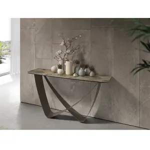 Table Console Moderne en Marbre Porcelaine et Acier Taupe