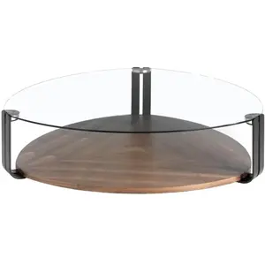 Angel Cerda Table basse en bois de noyer et verre 2055C, 135 x 135 x 32 cm. -