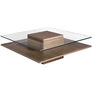 Angel Cerda Table basse carrée en verre et noyer 2017C, 100 x 100 x 35 cm. -