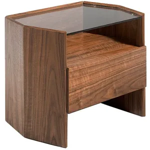 Angel Cerda Table de chevet en bois noyer et verre 7072C, 65 x 45 x 50 cm. -