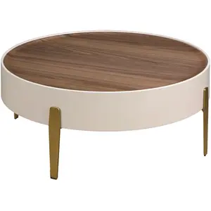 Comparateur de prix : Table basse ronde en noyer, bois beige et acier poli doré