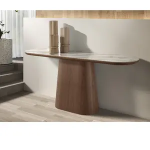 Table console ovale demi-ronde en porcelaine et noyer pas cher