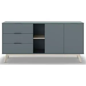 CALICOSY Buffet 2 portes, 2 niches, 3 tiroirs vert kaki et pin massif - 165 cm X 40 cm X 81 cm - PISCO