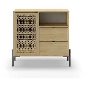 Comparateur de prix : CALICOSY Petit buffet 1 porte, 1 niche, 2 tiroirs décor chêne et pieds métal - 80 cm X 40 cm X 80 cm - INCA