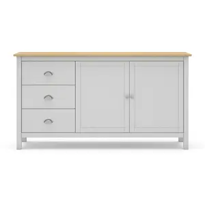 Comparateur de prix : CALICOSY Buffet 2 portes, 3 tiroirs en pin massif blanc et plateau chêne - 150 cm X 40 cm X 80.5 cm - MISTI