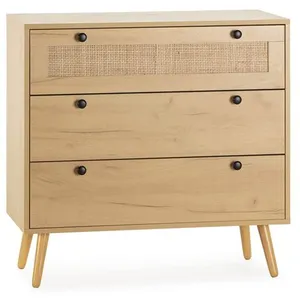 VS VENTA-STOCK Commode nuit Bella 3 tiroirs couleur chêne avec rotin naturel