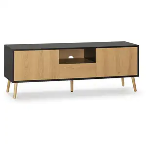 HOMN Meuble TV 1 porte 2 tiroirs, couleur noir/bois pas cher