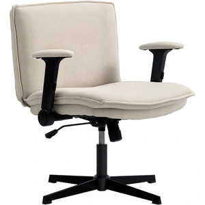 HOMCOM Chaise de Bureau Jambes Croisées avec Accoudoirs Rabattables Siège Large sans Roues Hauteur Réglable Pivotante Crème pas cher