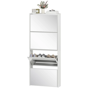 HOMCOM Meuble à chaussures étroit avec miroir et 4 portes basculantes pour 12 paires de chaussures 63x17x146 cm Blanc pas cher