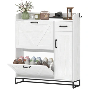 HOMCOM Meuble à chaussures étroit avec 2 tiroirs basculants, étagères réglables pour 12 paires, pour petit espace 106,7x26x116 cm Blanc pas cher