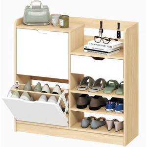 HOMCOM Range-Chaussures d'Entrée avec Tiroir Étagères Ouvertes 4 Crochets pour 14 Paires de Chaussures Naturel et Blanc pas cher