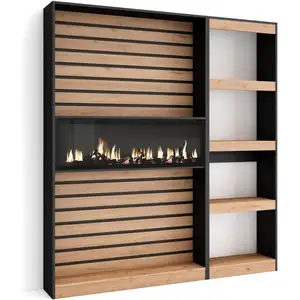 SKRAUT HOME Bibliothèque effet bois de chêne 170x25x186cm cheminée effet feu XXLVendu parcdiscount