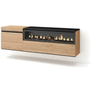 Comparateur de prix : SKRAUT HOME Meuble tv effet bois de chêne et noir 150x35x45cm cheminée effet feu