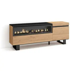Comparateur de prix : SKRAUT HOME Meuble tv effet bois de chêne et noir 150x35x57cm cheminée effet feu