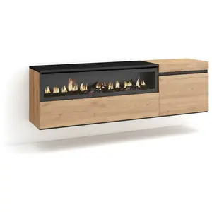 Comparateur de prix : SKRAUT HOME Meuble tv effet bois de chêne et noir 150x35x45cm cheminée effet feu