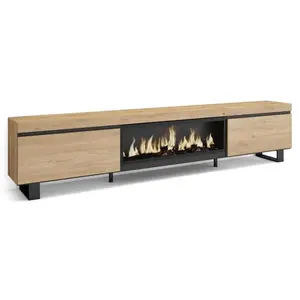 Comparateur de prix : SKRAUT HOME Meuble TV, Banc Télé, 267x35x57 cm, TV grand format, Cheminée électrique XXL, Design industriel, Chêne, RF3607