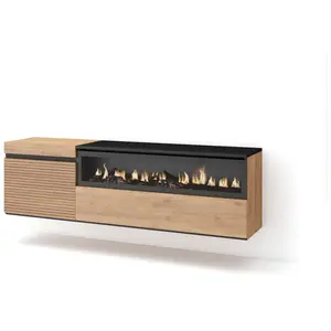 SKRAUT HOME Meuble tv effet bois de chêne 150x35x45cm cheminée effet feu