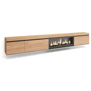 SKRAUT HOME Meuble TV, Banc Télé, 317x35x45 cm, Cheminée électrique XXL, Suspendu, Mural, Chêne TU