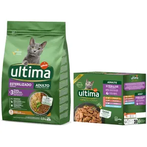 2.5kg Stérilisé, poulet, orge Ultima Croquettes pour chat + 8x85g sach... pas cher