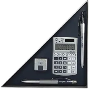 Coffret cadeau - milan - calculatrice bleue - stylo et porte-mine - housse inclus - pile alimentée pas cher