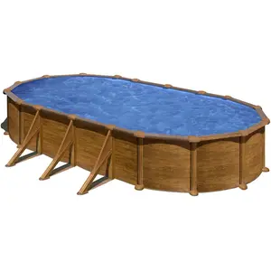 Comparateur de prix : Kit piscine hors-sol mauritius acier aspect bois ovale - 730 x 375 x h132 cm GRE