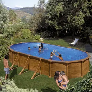 GRE Piscine ovale acier 6,34m x 3,99m x H. 1,32m - imitation bois pas cher