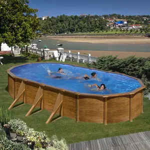Comparateur de prix : Piscine hors-sol acier ovale GRE - 730x375x120cm - Décor bois marron