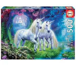Puzzle Fantastique - Educa - 500 Pièces - Licornes Dans La Forêt Bleu pas cher