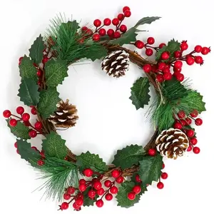Grande Couronne de Houx et pin Noël artificielle ˜ 30cm
