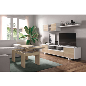 LOUNGITUDE Meuble TV HUGO 3 portes et 1 niche avec étagère murale L200cm - Blanc et bois pas cher