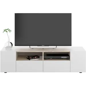 LOUNGITUDE TAMIKO Meuble TV contemporain blanc et décor chêne - L 138 cm