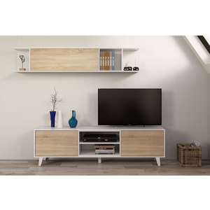 LOUNGITUDE Meuble TV + étagère murale ZAIKEN imitation chêne et blanc brillant pas cher