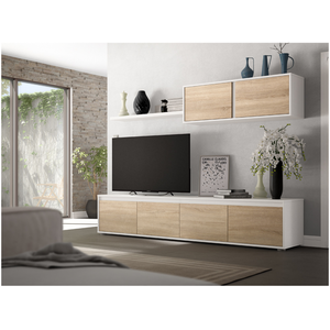 LOUNGITUDE Meuble tv elodie 4 portes avec étagère murale l200cm - blanc et bois pas cher