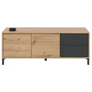 CALICOSY Meuble TV 2 portes 2 tiroirs L.130 cm BROOKLYN imitation chêne et anthracite pas cher