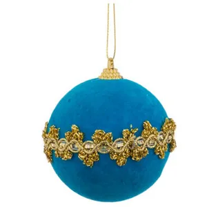 Wadiga Boule de Noël velours bleu turquoise et doré 8cm pas cher