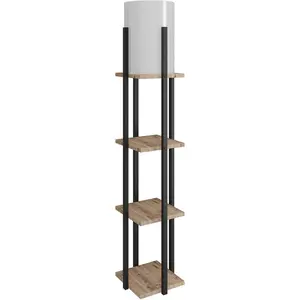 Comparateur de prix : MENZZO Lampadaire combiné 3 étagères Ulkoda 135cm Bois Naturel et Noir et Tissu Blanc